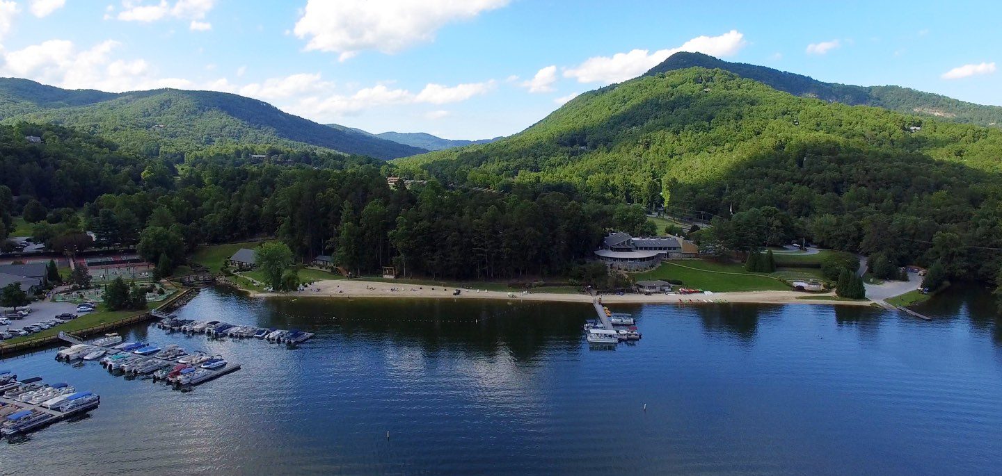 Aerial view of Rumbling Bald Resort on Lake Lure
